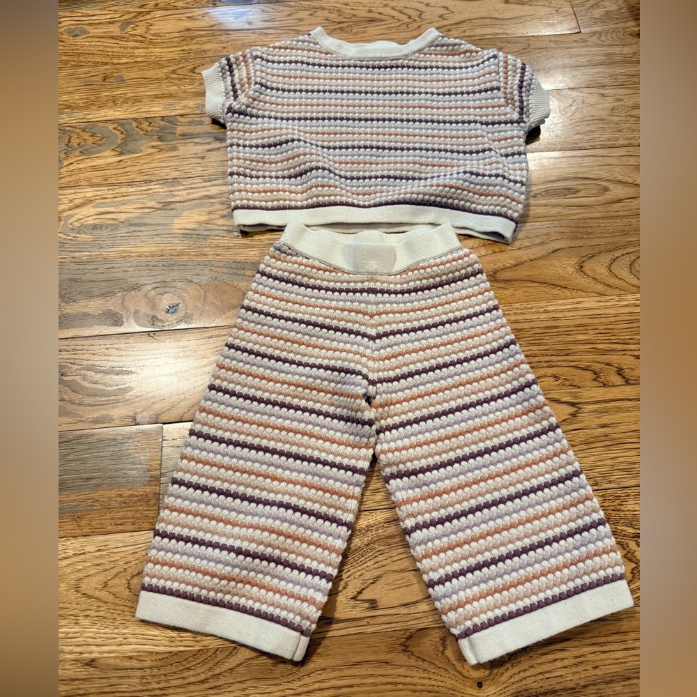 Rylee + Cru Honeycomb Stripped Cropped Knit Tee/Wide Leg Pant In Mulberry/Mauve